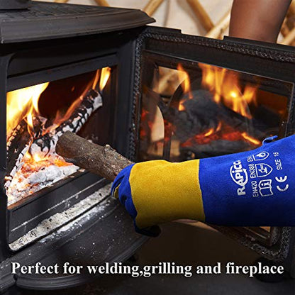RAPICCA Gants de Soudage en Cuir Résistant à la Chaleur/au feu pour Bâton, Mig, Tig, Forge, Barbecue, Gril, Cheminée, Poêle à bois, four,Marmite
