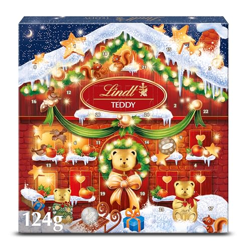 Lindt - Calendrier de l'Avent TEDDY -Assortiment de Chocolats au Lait - Idéal pour Noël, 124g