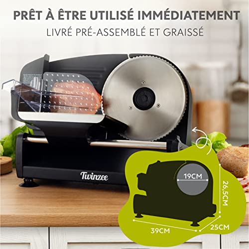 Trancheuse Electrique 150W Twinzee - Trancheuse à Jambon Professionnelle Réglable 0-15mm - 2 Lames Coupe Saucisson, Pain et Viande Noir