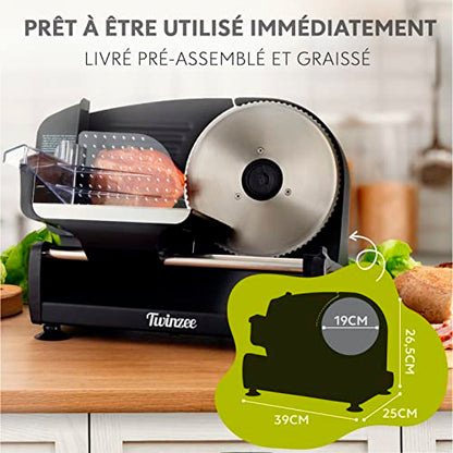 Trancheuse Electrique 150W Twinzee - Trancheuse à Jambon Professionnelle Réglable 0-15mm - 2 Lames Coupe Saucisson, Pain et Viande Noir