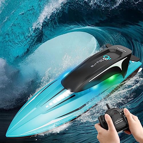 Bateau Telecommandé 2.4GHz Bateau,RC Racing Boat avec Lumière Éblouissante et 2 Batteries Anti - Collision