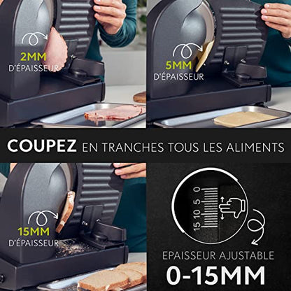 Trancheuse Electrique 150W Twinzee - Trancheuse à Jambon Professionnelle Réglable 0-15mm - 2 Lames Coupe Saucisson, Pain et Viande Noir