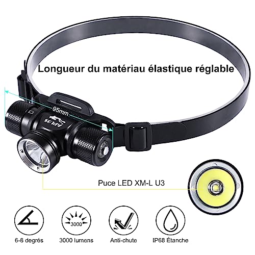 Lampe frontale de plongée - 3000 lumens Lampe Frontale Rechargeable étanche IP 68 pêche/chasse