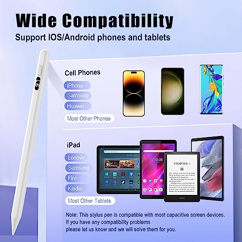 TiMOVO Stylet à Écran Tactile, Stylet à Charge Rapide Compatible avec iPad/iPhone/Android/iOS/Samsung/Xiaomi Tablettes, Stylet Écran Capacitif avec Affichage de Puissance, Blanc