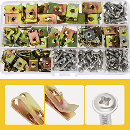 200 Pièces Agrafe Carrosserie, Écrous Fixation Type U Clips Ecrou, Vis et Agrafe Clips