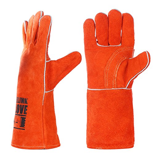 QeeLink Gants de soudage – Résistant à la chaleur et à l'usure en cuir doublé et coutures ignifuges – pour soudeurs/cheminée/barbecue/jardinage