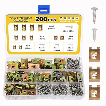 200 Pièces Agrafe Carrosserie, Écrous Fixation Type U Clips Ecrou, Vis et Agrafe Clips