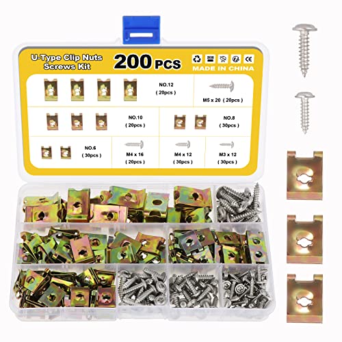 200 Pièces Agrafe Carrosserie, Écrous Fixation Type U Clips Ecrou, Vis et Agrafe Clips