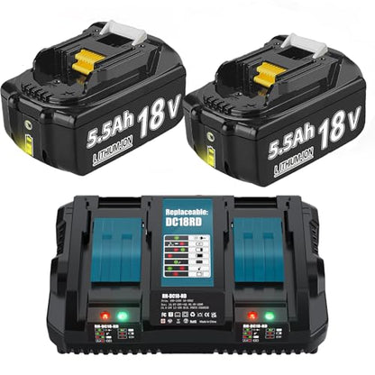 2X 18V 5500mAh Batterie de Remplacement pour Makita + Chargeur Double Port 6A