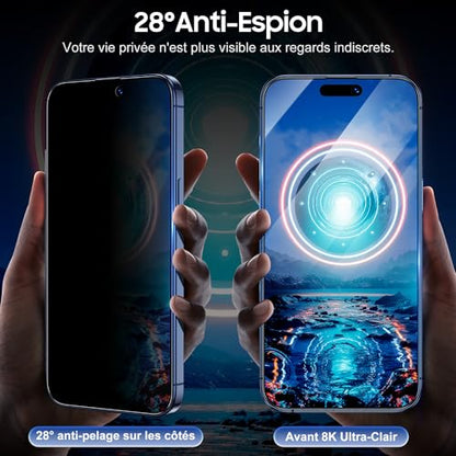 UniqueMe Premium Intimité Verre Trempé pour iPhone 15 Pro Max Protection écran Anti Espion, Dépoussiérage Automatique, 9H Couverture Complète Verre de Protection Privacy Film, 2 Pièces