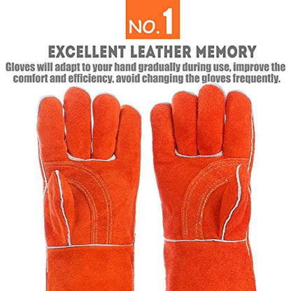 QeeLink Gants de soudage – Résistant à la chaleur et à l'usure en cuir doublé et coutures ignifuges – pour soudeurs/cheminée/barbecue/jardinage