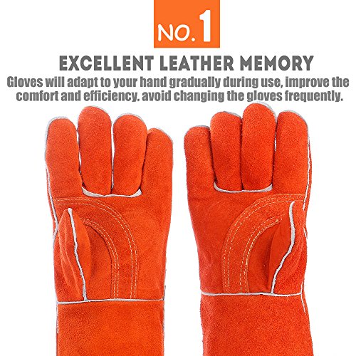 QeeLink Gants de soudage – Résistant à la chaleur et à l'usure en cuir doublé et coutures ignifuges – pour soudeurs/cheminée/barbecue/jardinage