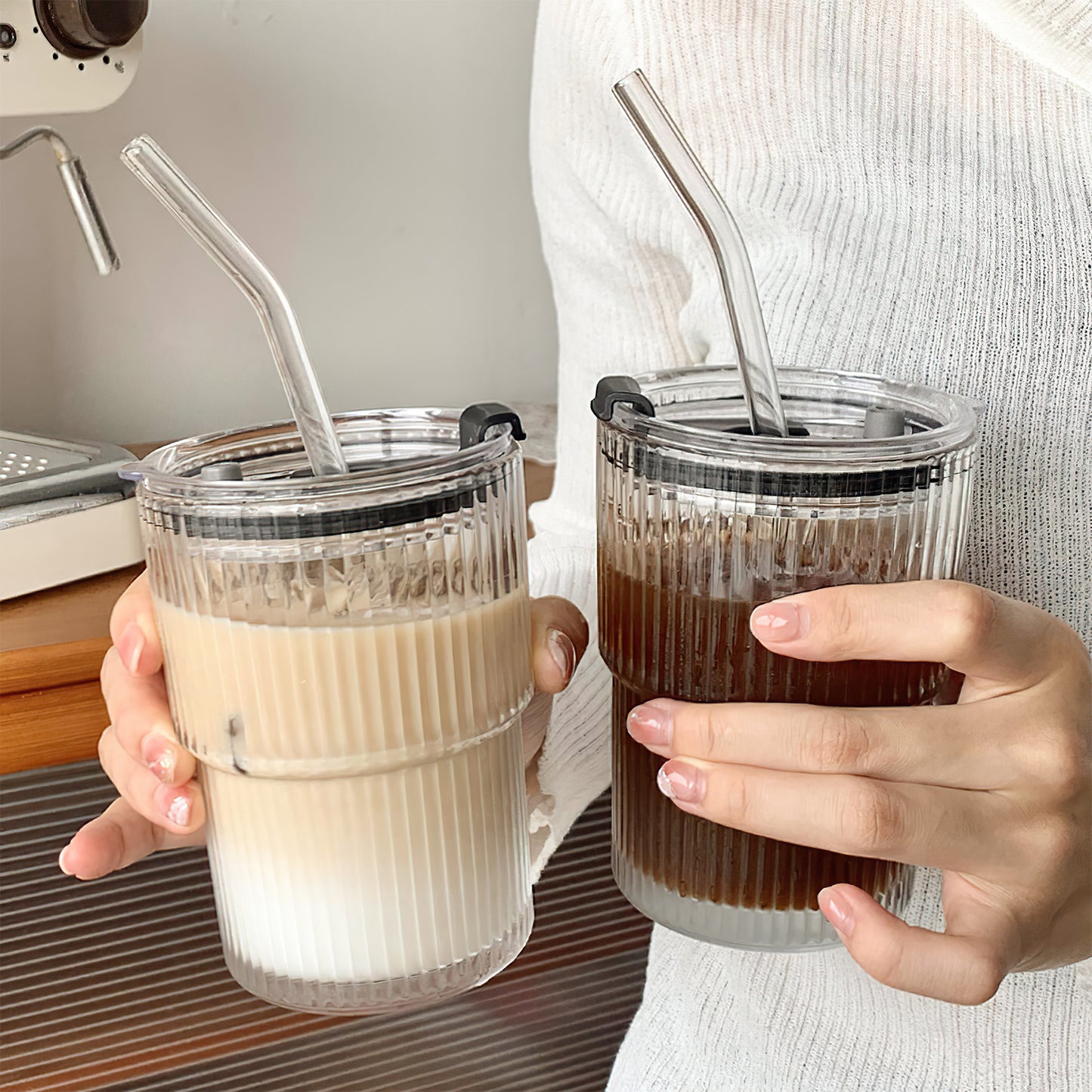 Lot de 2 Verres à Eau avec Couvercle et Paille