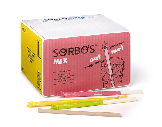 3 cartons de pailles en sucre Sorbos. 1 carton parfum fraise, 1 carton parfum citron vert, 1 carton citron